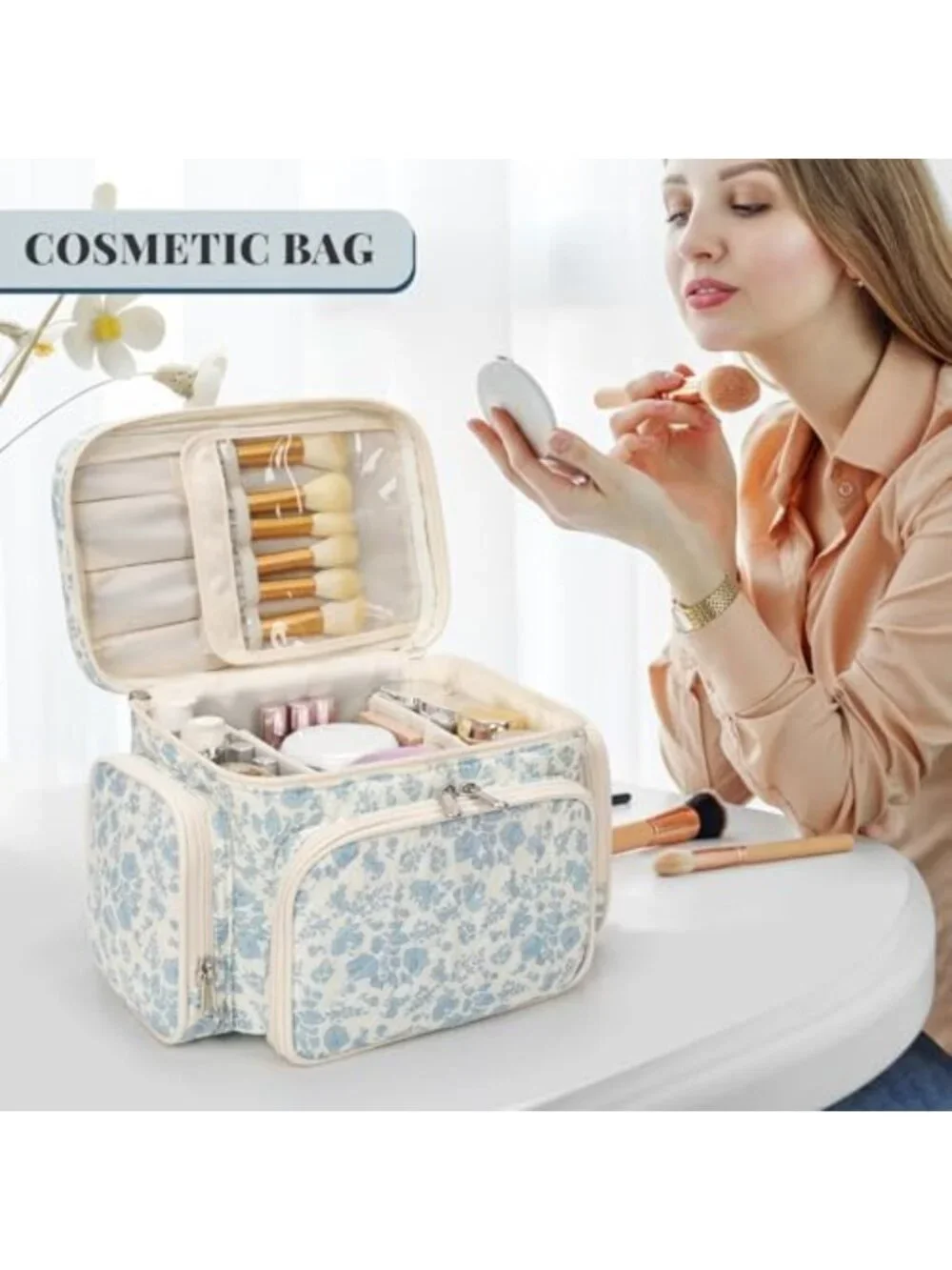 Large Floral Quilted Makeup Bag Organizer for Women - Stylish Travel Cosmetic